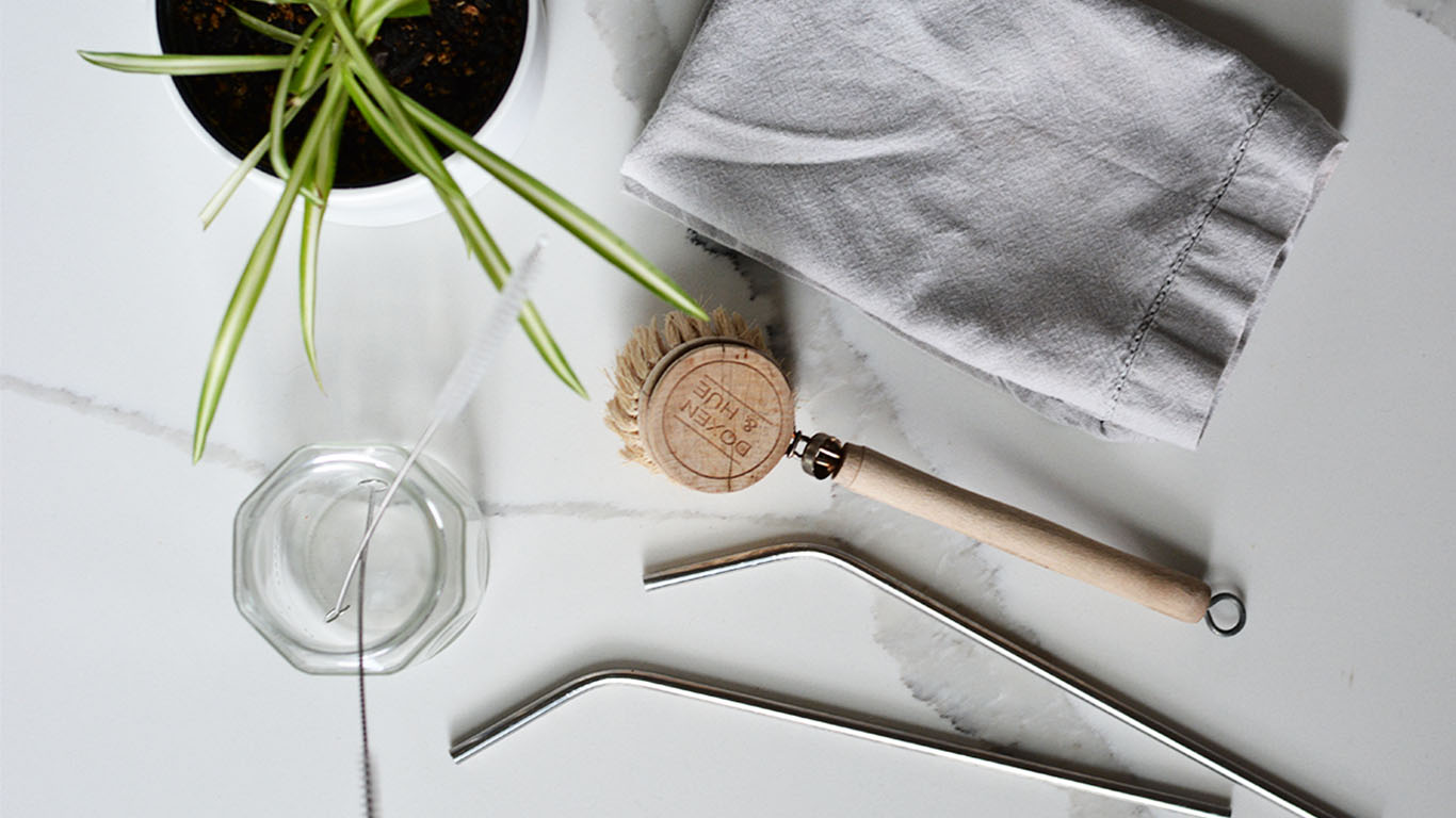 A flatly image of zero waste option such as a linen napkin, a bamboo dish cleaning brush, stainless steels straws, straw cleaning brushes standing in a glass next to part of a spider plant.