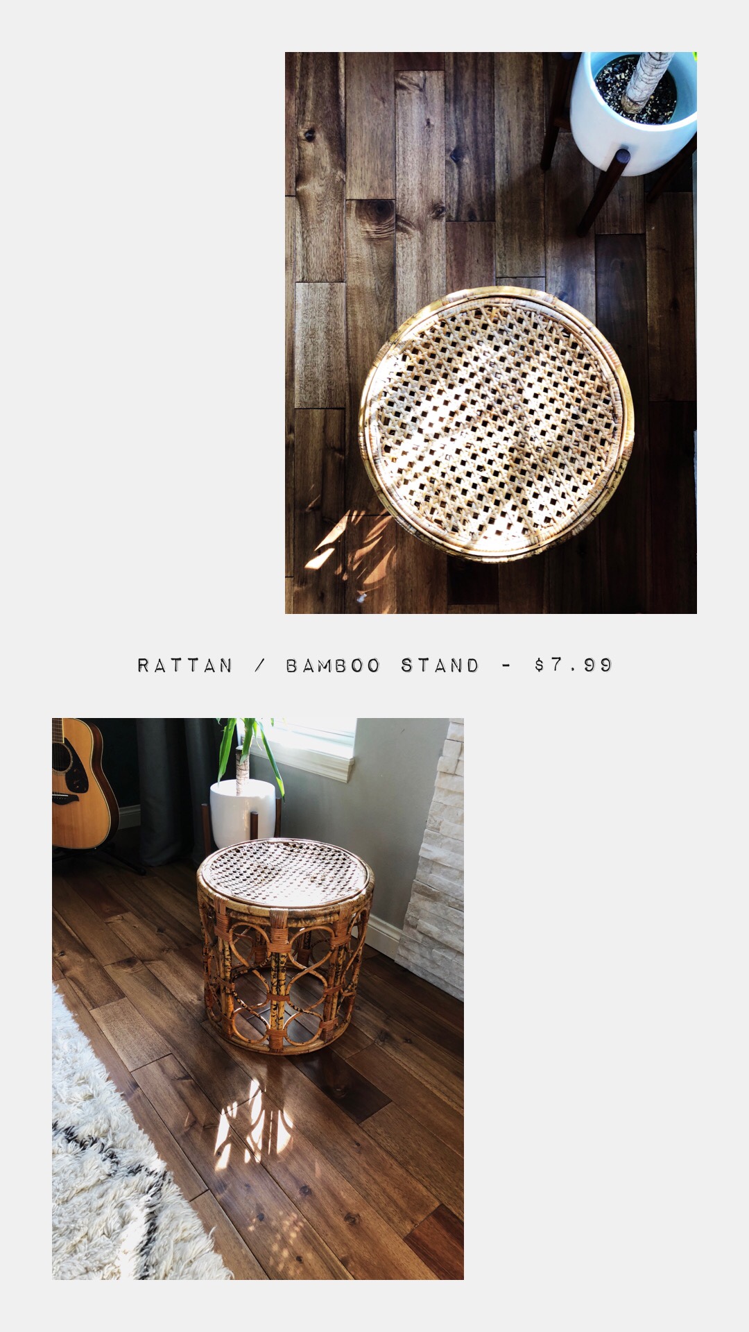 A collage of 2 photos that show a tan rattan or bamboo stand that the author added to her living room as additional seating. One photo is of the top of the seat and the other is a side view. This home decor item was purchased sustainably at a local consignment shop.