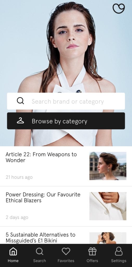 An screenshot of the Good On You app homepage. A great app to get information on fast fashion brands and to find alternatives.