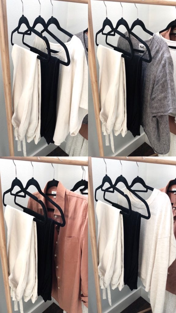 A collage of 4 photos showing various clothing items and how each of the items can be paired to make a number of outfits in the capsule wardrobe.