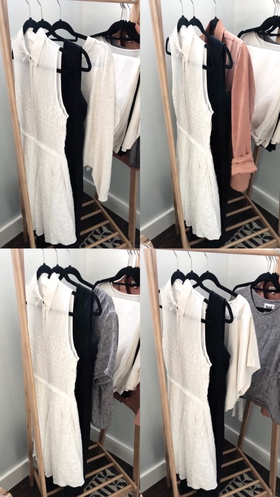 A collage of 4 photos showing various clothing items and how each of the items can be paired to make a number of outfits in the capsule wardrobe.