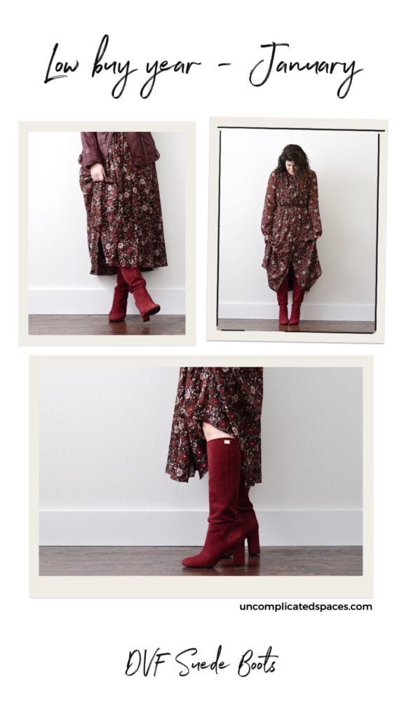 A set of 3 photos showing me wearing a pink and brown toned floral dress with my first low buy year purchase - the Burgundy suede boots.