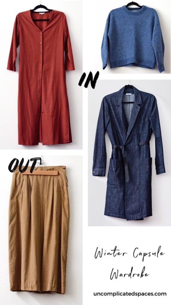 A set of 4 images showing the 3 items that I am adding to my capsule (a red duster, a blue sweater and a blue denim duster. The other items is a long tan skirt that I am taking out of my capsule wardrobe.