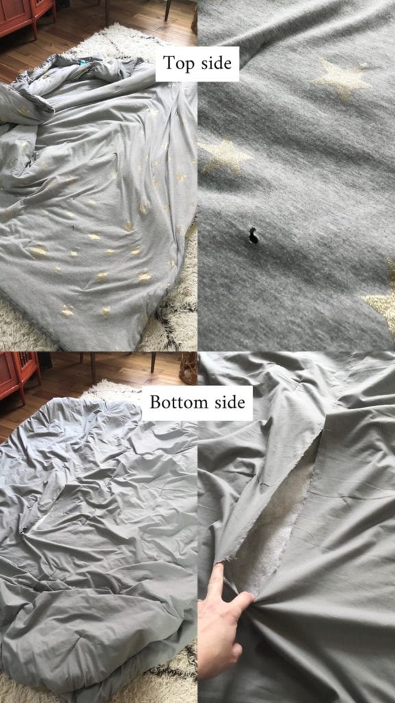 A collage of 4 pictures showing the rips in the old comforter.