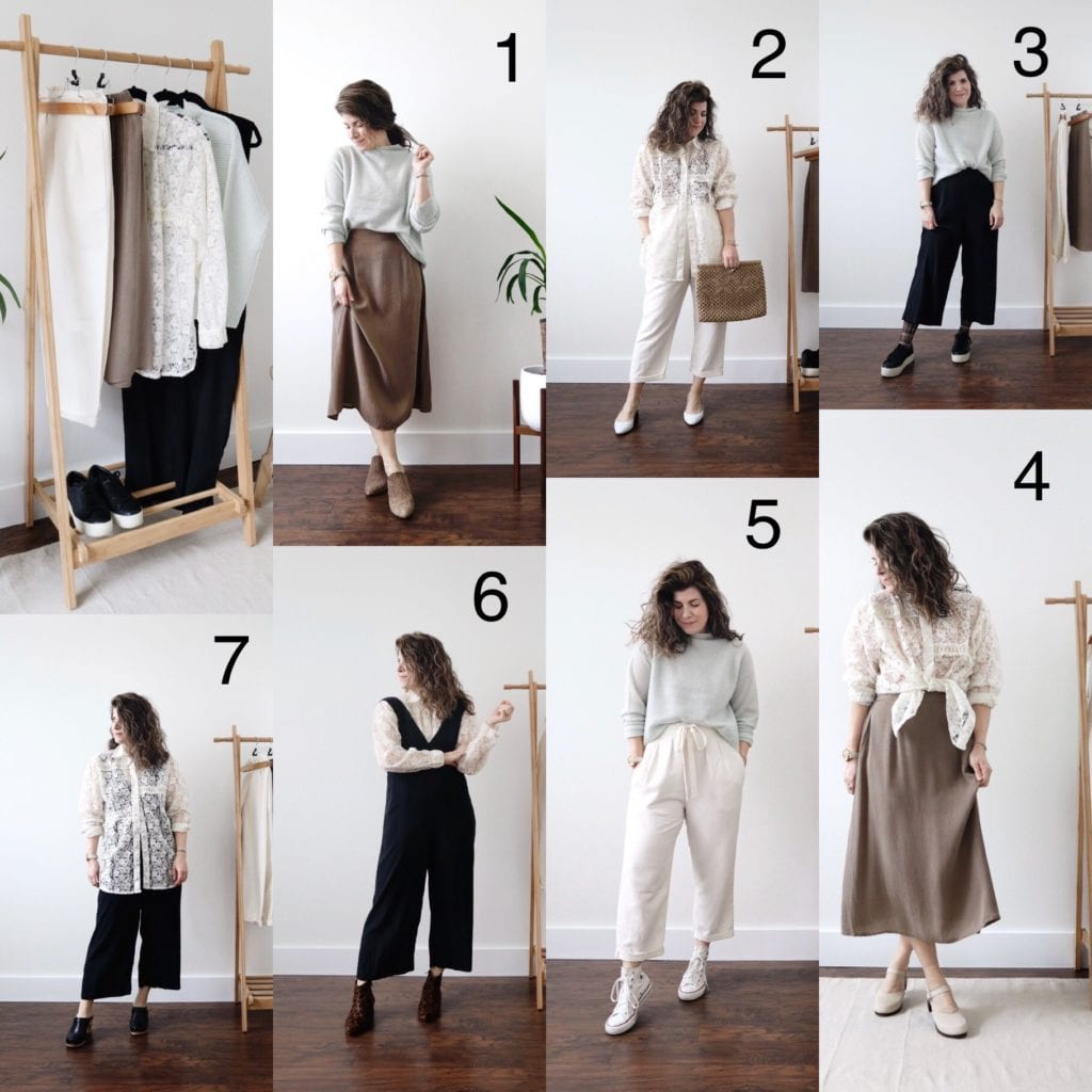 A collage of 8 photos to show a capsule wardrobe style challenge.