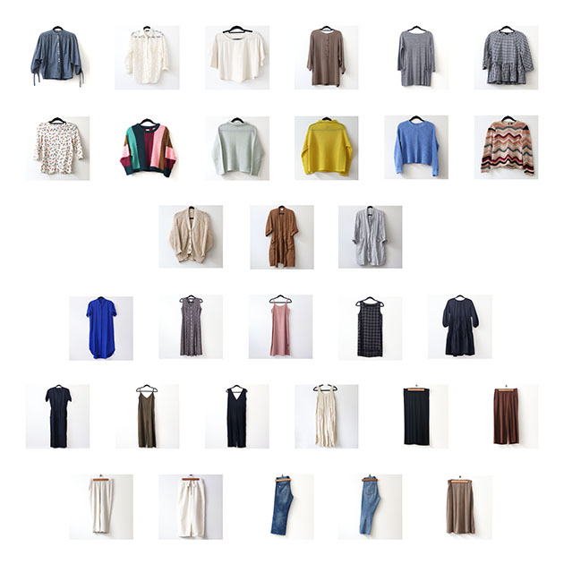 A layout of all of the items in my cozy capsule wardrobe for spring. There are 31 items arranged over 6 rows.