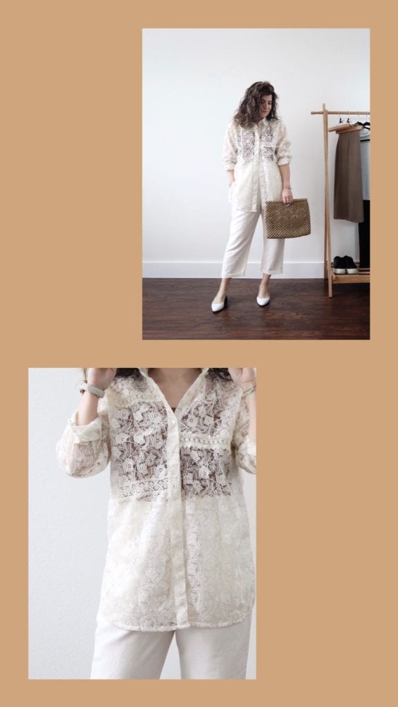 The second outfit. The are 2 photos. In the first photo, I am wearing a white lace shirt untucked over a pair of white pants. I have left the last few buttons undone. I am wearing white slingback and holding a tan rectangular straw bag. The second photo is a closeup of the shirt to show the lace detailing.