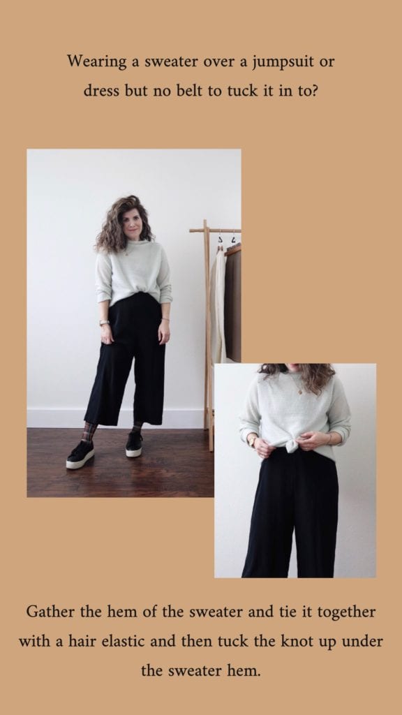 The third outfit. I am wearing the light green sweater over my black jumpsuit with black platform sneakers and sheer plaid socks. There is also a closeup of me holding a knot at the base of the sweater made with a hair elastic that I then tucked up under the hem of the sweater to give it a little more shape and visual interest.