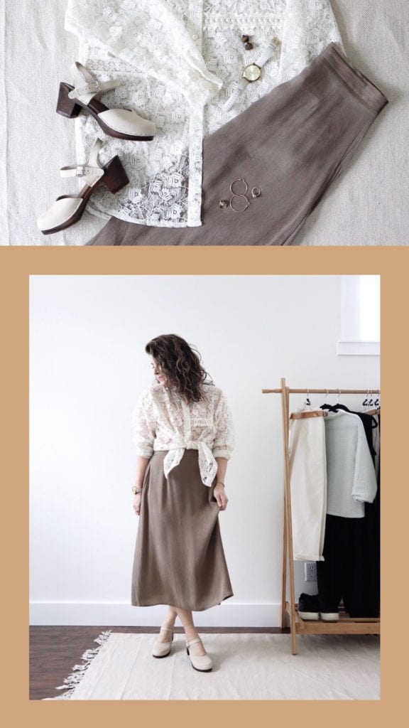 The fourth outfit. There are 2 photos. The photo on top is a flatly of my lace shirt, my tan skirt, a pair of cream colored clogs with a dark wood base and some jewelry. The bottom photo is of me wearing the items together with the shirt knotted at the waist.