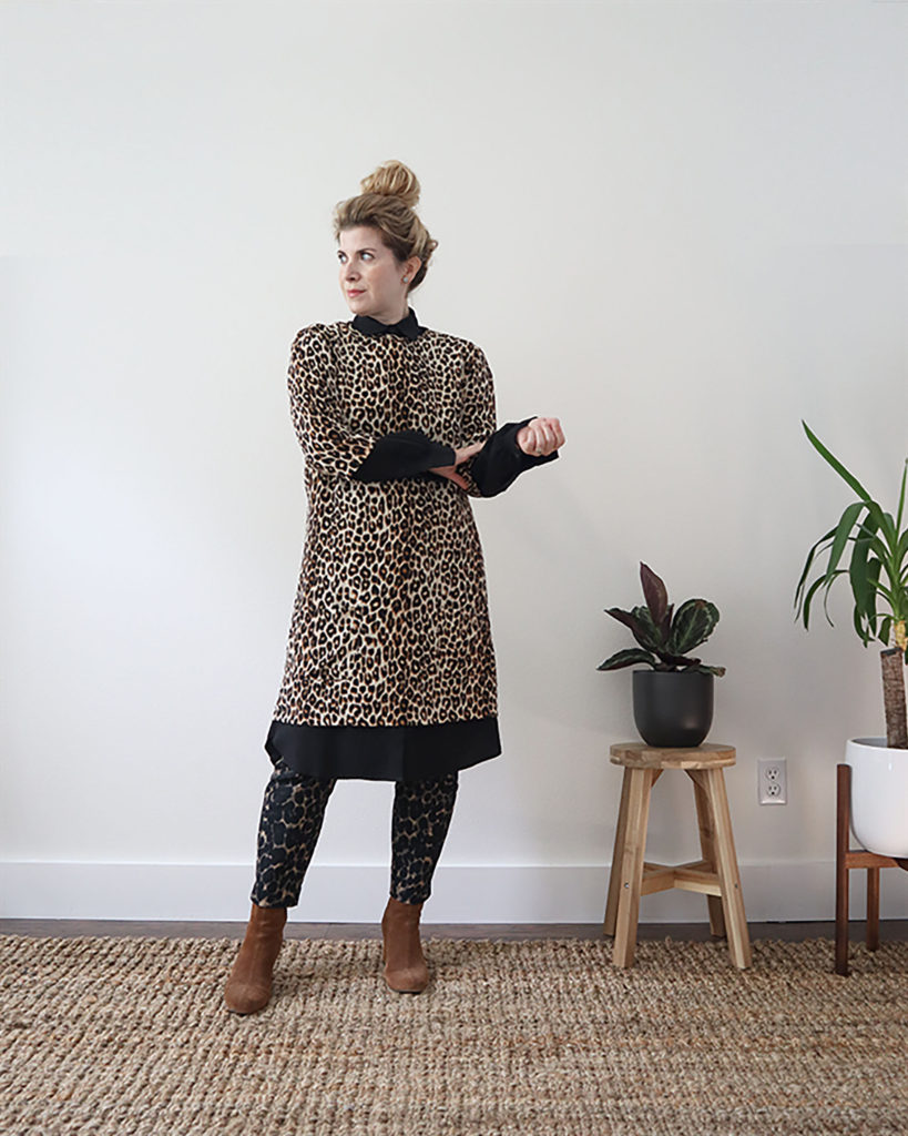 For the cold weather version of this dress over pants outfit, I added a leopard print three quarter sleeve dress on top of the shirt dress and popped the collar out over. I added brown suede boots.