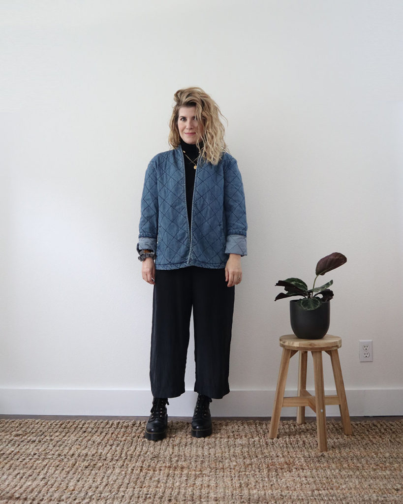 Another pose of the denim quilted coat.