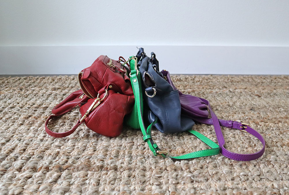 All of my colorful bags are lined up.