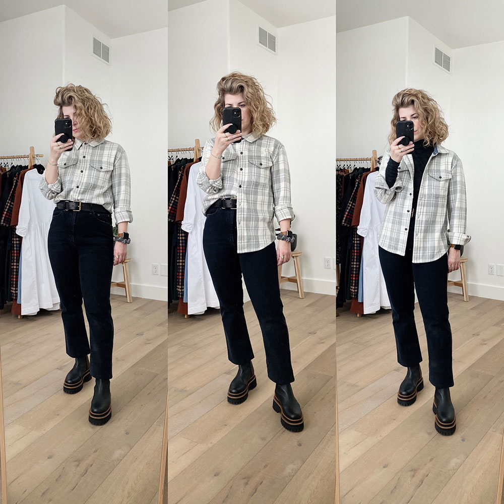 A collage of 3 images side by side where I have styled the same grey and white checkered shirt 3 different ways with black jeans and black combat boots. This is one of the ways I will be embracing a slower wardrobe this year.