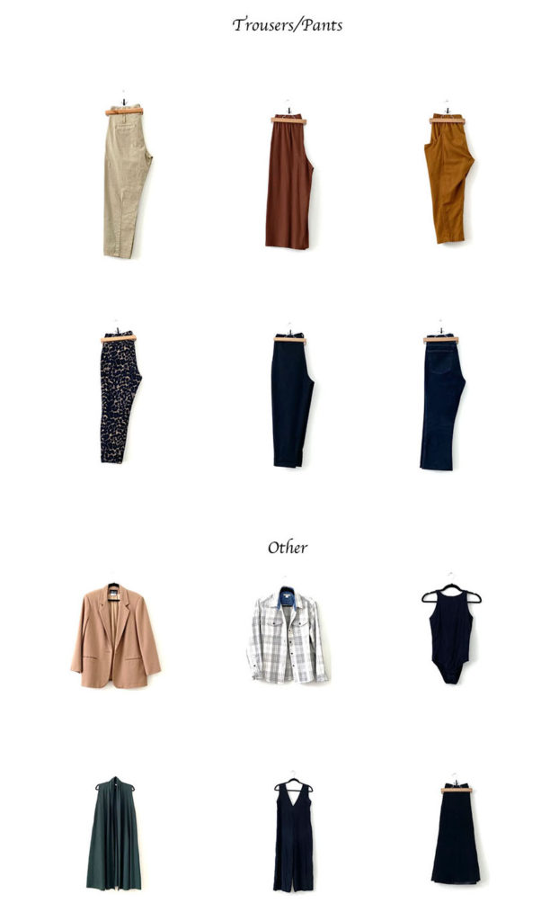 A layout of the trousers/pants and other items in my capsule wardrobe.