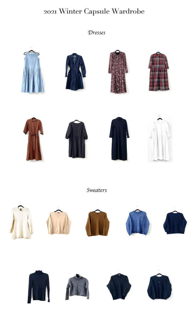 A layout of the dresses and sweaters in my capsule wardrobe.