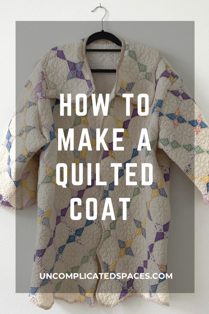 Text that reads "How to make a quilted coat" in white lettering is laid on top of an image of the front of the coat on the colorful side