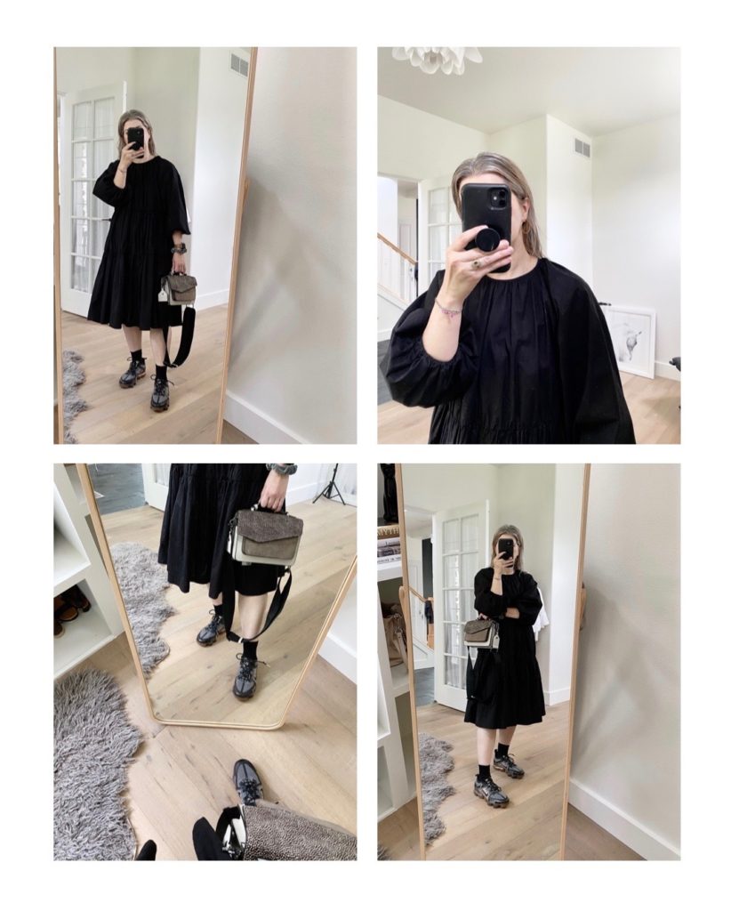 A collage of 4 photos of a small white woman wearing a midi length long sleeved black dress with black socks, black trainers and holding a grey handbag. all photos are mirror selfies.