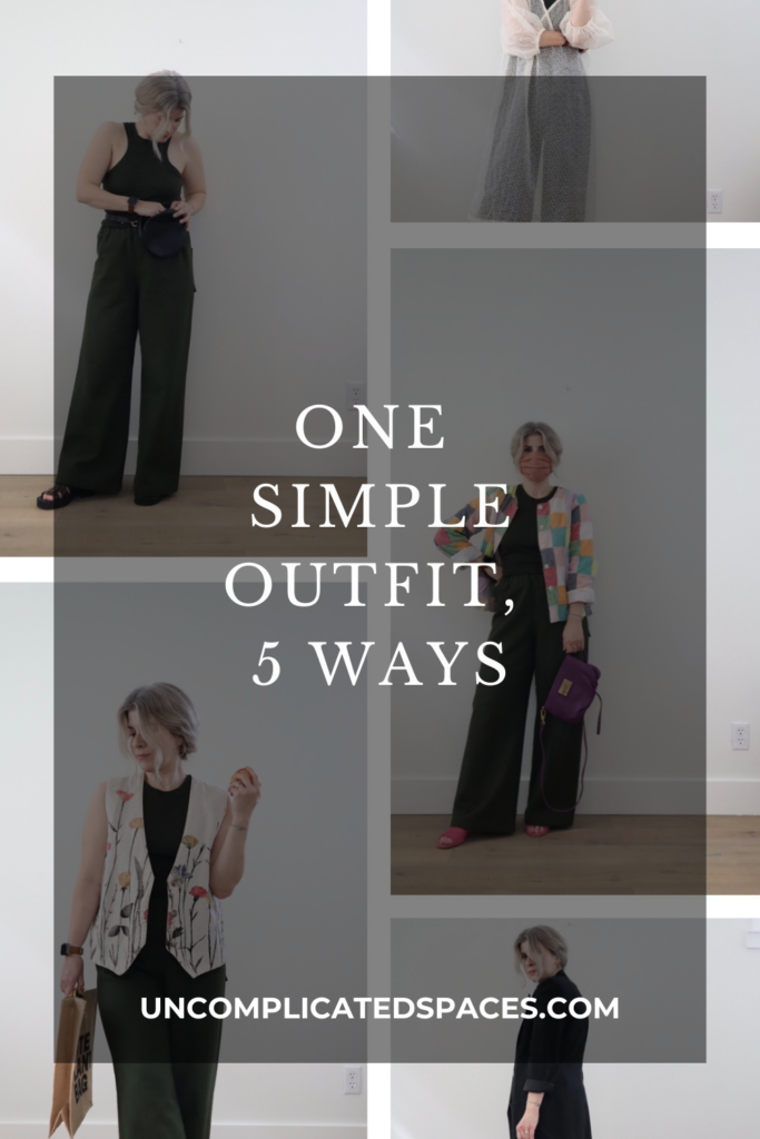Text that reads "one simple outfit, 5 ways" is overlaid on top of a photo collage of 5 outfits.