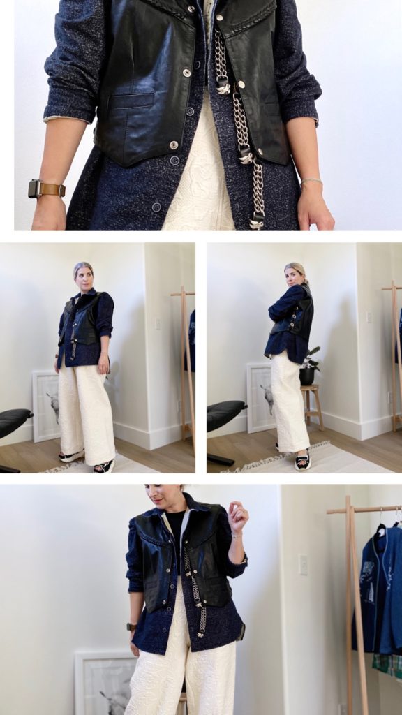 A collage of 4 photos: a partial photo stretches across the top and bottom. In the middle are 2 full length outfit photos of a small white woman with her blonde hair pulled back into a low bun. She is wearing a black leather vest over a navy blue flannel shirt with the sleeves shoved up towards the elbow. She is wearing cream pants with a raised floral print, like a tapestry. She is wearing black and white platform sandals. 