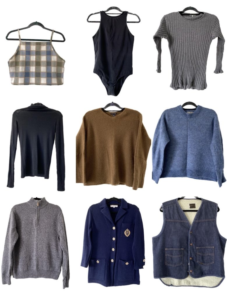 A photo collage of the 9 tops, sweaters and one of the vests in my colorful fall capsule wardrobe.