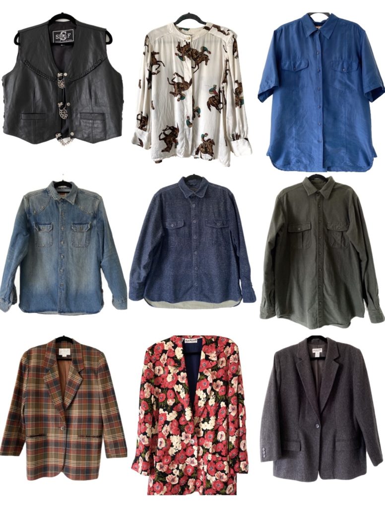 A collage of 9 photos of a vest, shirts and blazers in my capsule.