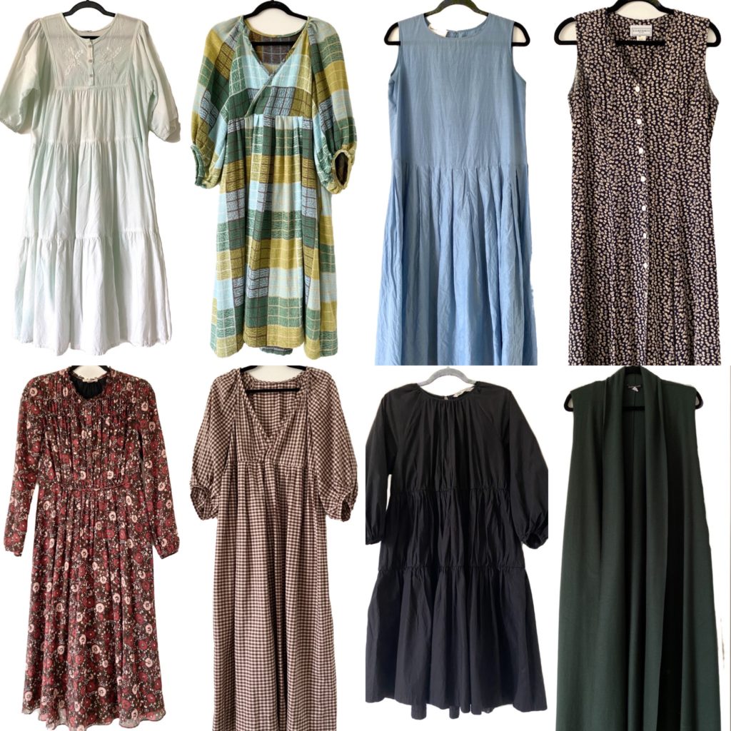 A collage of the 7 dresses and one long dress in my fall capsule wardrobe.