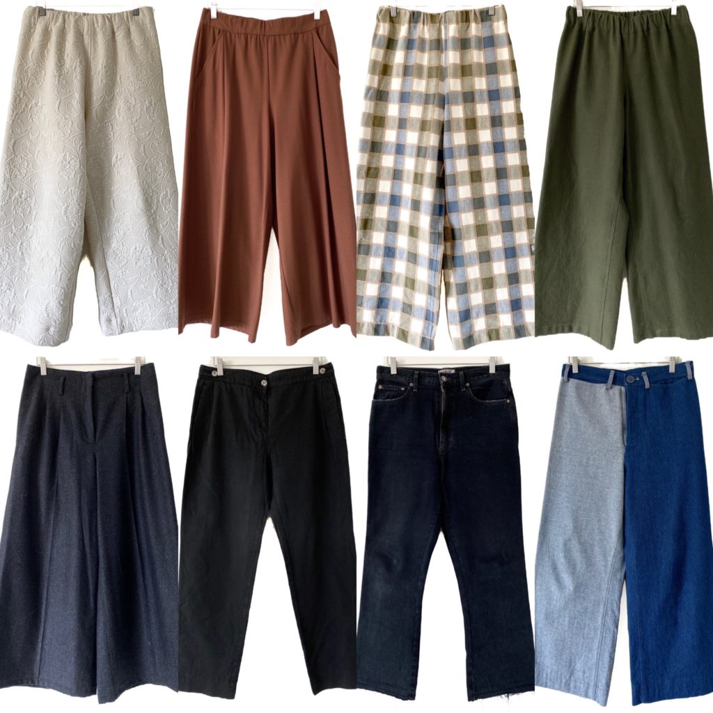 A collage of 8 photos of the 6 pairs of pants and 2 pairs of jeans in my capsule.