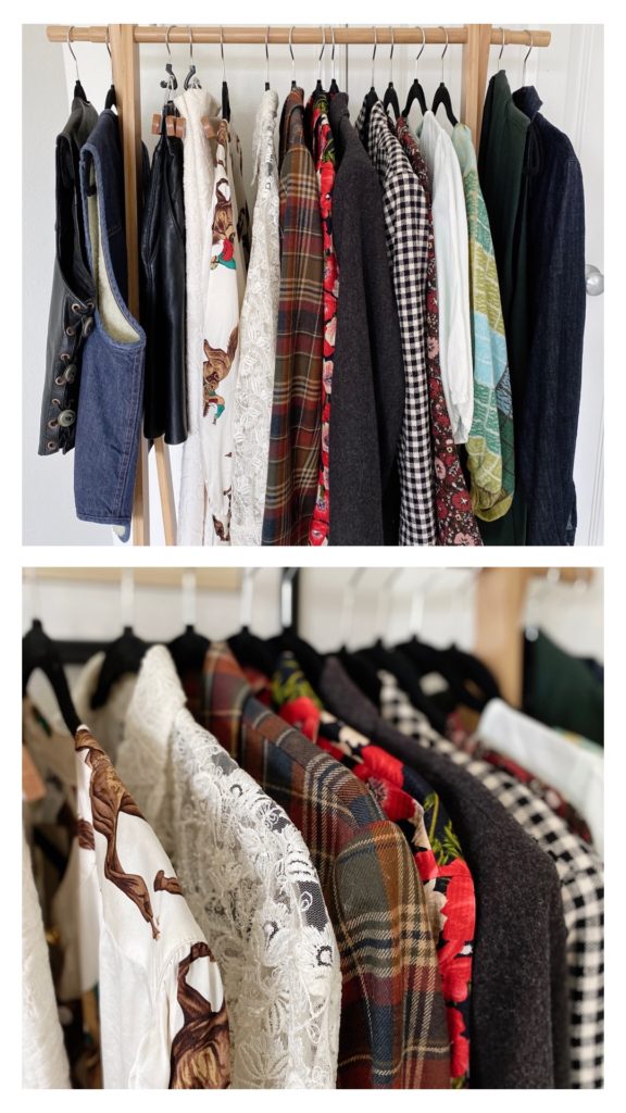 2 photos, one on top of the other, of a few of the colorful and printed pieces that I will be adding to my colorful fall capsule wardrobe.All of the clothes are hanging on a light wooden rack.