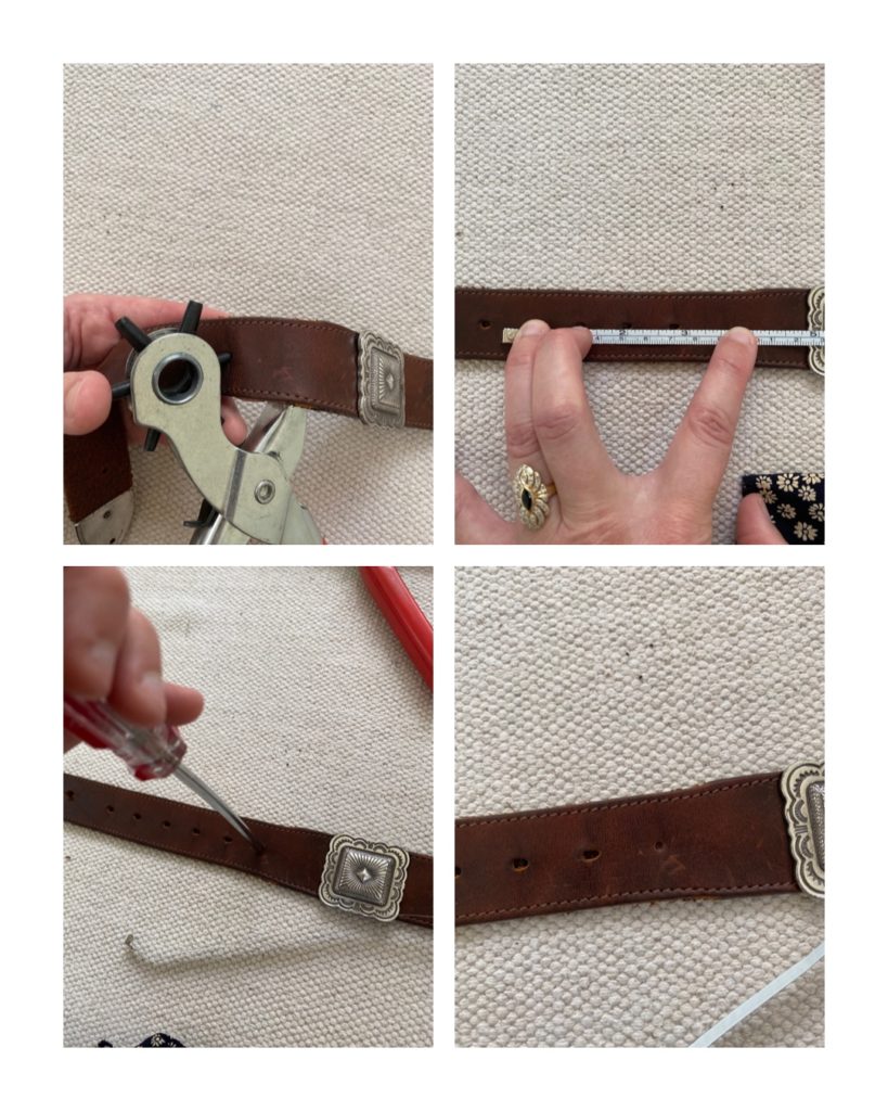 A collage of 4 photos that illustrate how to resize a belt.