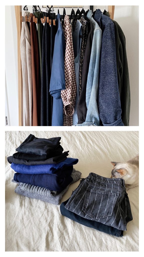 2 photos, one on top of the other, of a few of the more neutral filler pieces that I will be adding to my colorful fall capsule wardrobe. In the top photos, items are hanging on a wooden clothing rail. In the bottom, a few items are stacked on top of a tan duvet.
