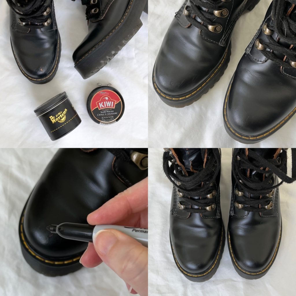Four photos are combined in a 2x2 grid collage to show my shoe cleaning process for a pair of black platform combat boots. The content of each of the 4 photos is outlined in the photo caption.