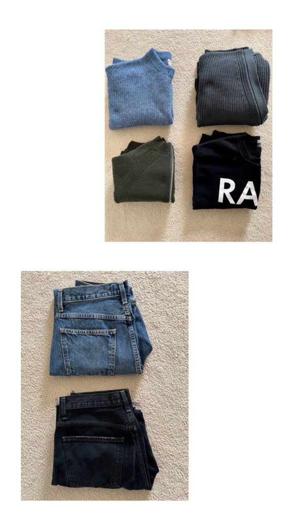 individual categories in my spring capsule wardrobe: there are 2 photos, one on top of the other. The top one has 4 sweaters folded on the beige carpeted floor. The bottom one has 2 pairs of jeans (1 blue and 1 black)  folded on the beige carpeted floor.