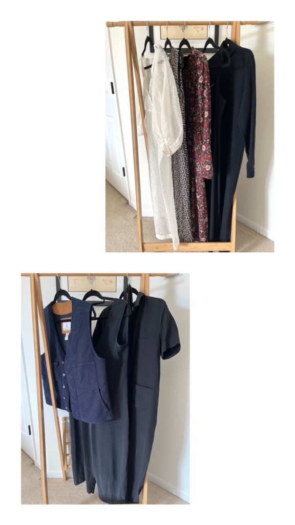 individual categories in my spring capsule wardrobe: there are 2 photos, one on top of the other. The top one has 5 dresses hanging from the railing. The bottom one has 1 vest and 2 jumpsuits hanging from the railing.