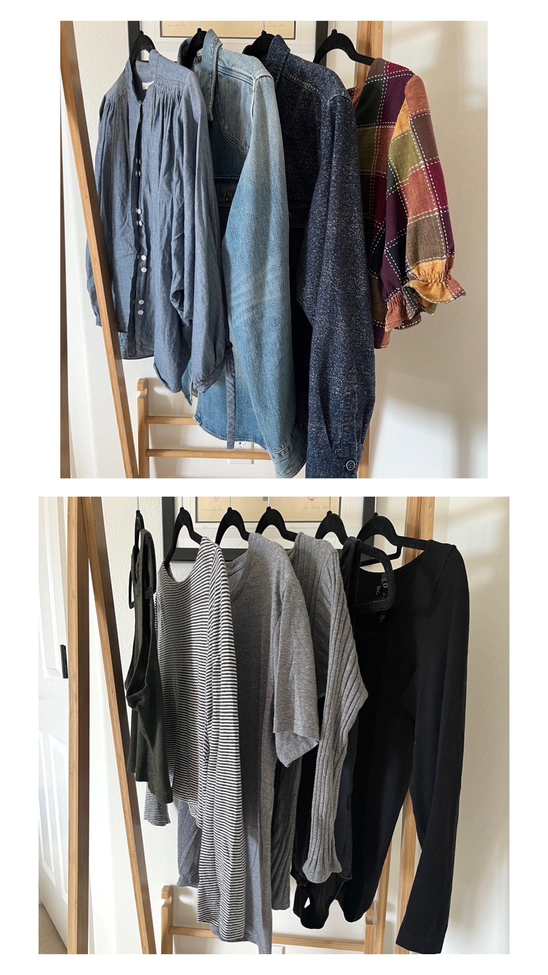 individual categories in my spring capsule wardrobe: there are 2 photos, one on top of the other. The top one has 2 shirts and 2 blouses hanging from the railing. The bottom one has 6 tops hanging from the railing.