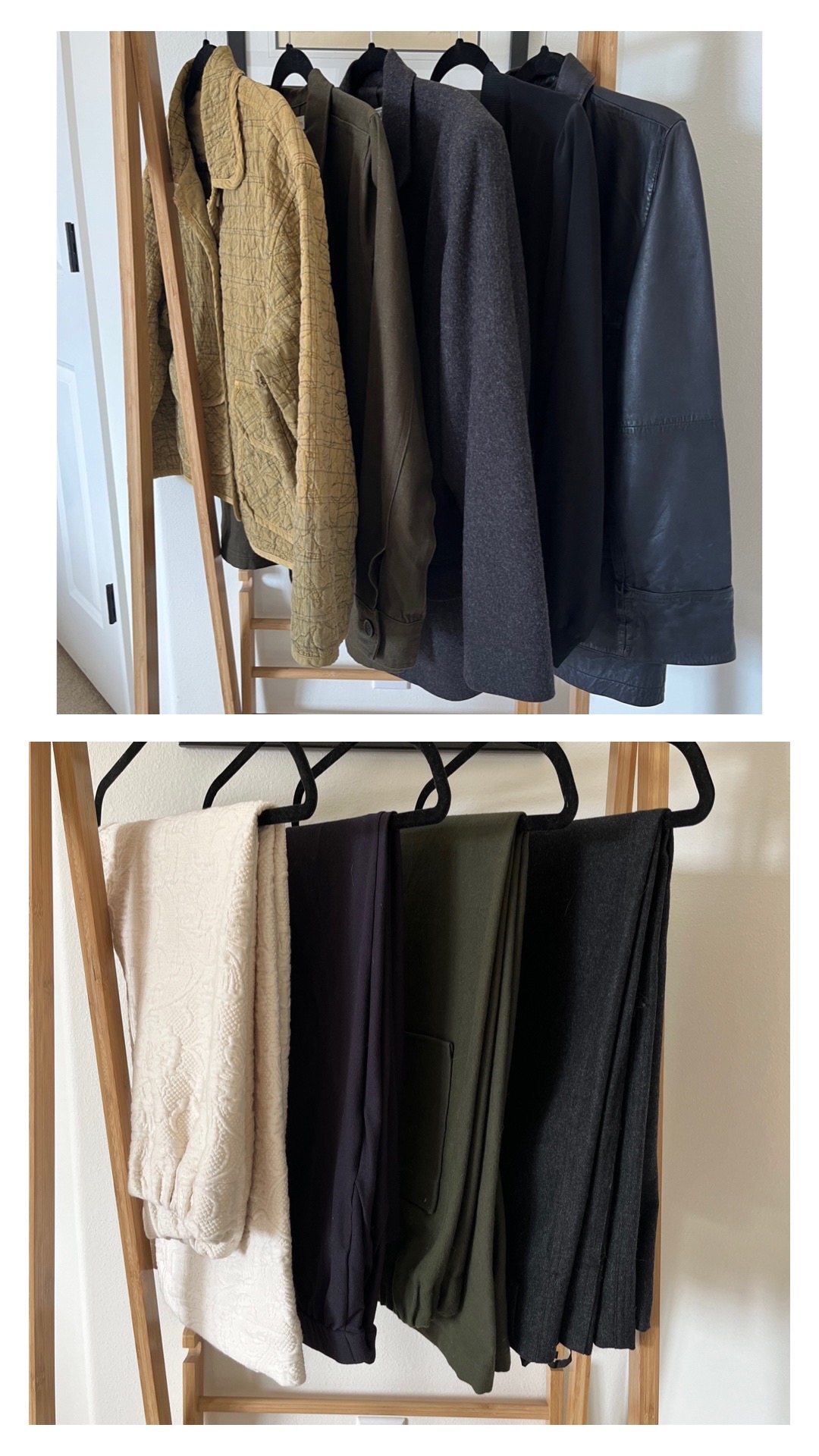 individual categories in my spring capsule wardrobe: there are 2 photos, one on top of the other. The top one has 5 jackets hanging from the railing. The bottom one has pairs of pants hanging from the railing.