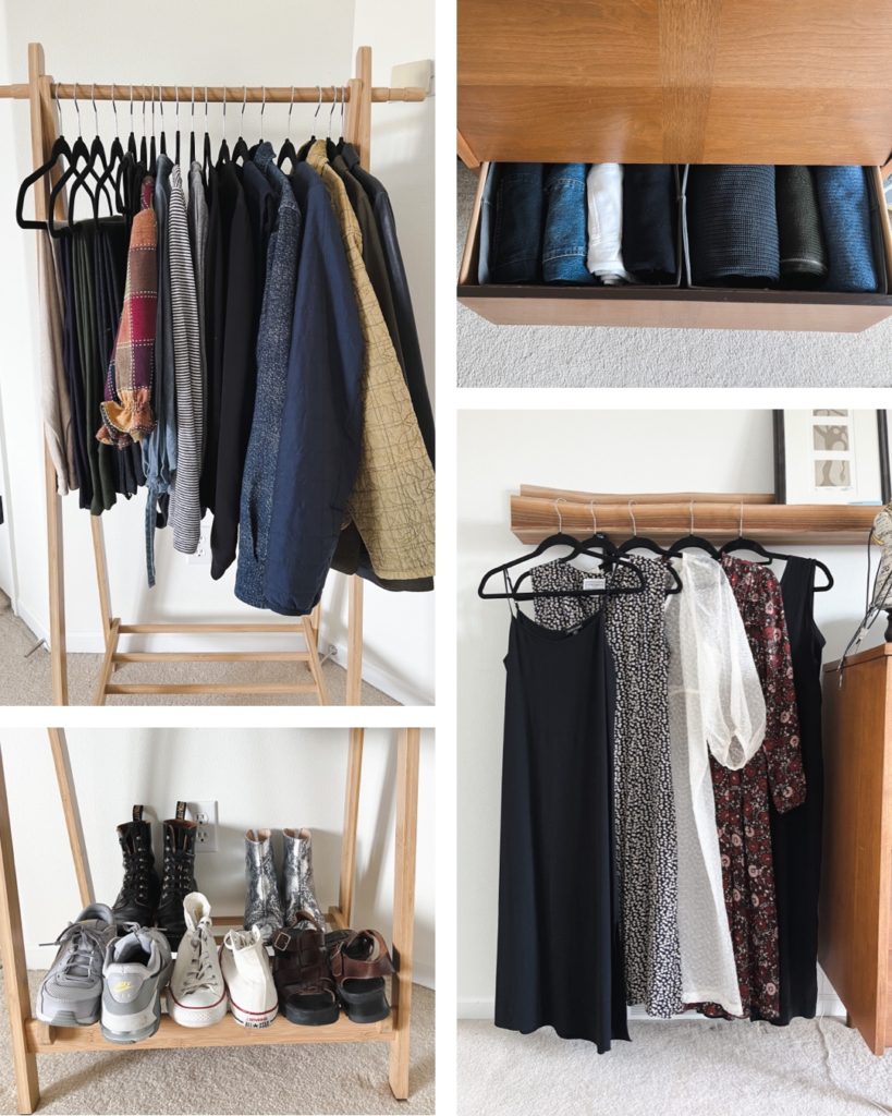 A collage of 4 photos that show my spring capsule wardrobe. clockwise from left: pants, shirts, tops and jackets hang from a wooden clothing rack, jeans and sweaters are folded in a dresser drawer, 4 dresses and a jumpsuit hang from a wooden picture rail, 5 pairs of shoes (2 boots, 2 sneakers and 1 sandal) rest on the bottom of a wooden clothing rack.