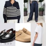 A collage of 5 items on my fall capsule wardrobe wish list. Clockwise from top left corner is a navy sweater with white stripes and a half-zip front, a pair of navy pleated pants, a white t shirt, tan clogs and black loafers.