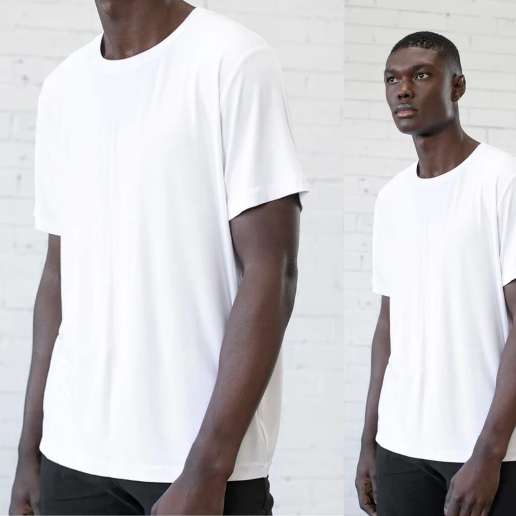 2 side by side photos of a black man is wearing a white crew neck t-shirt.one show a close up of the t-shirt and the second shows a fuller view.