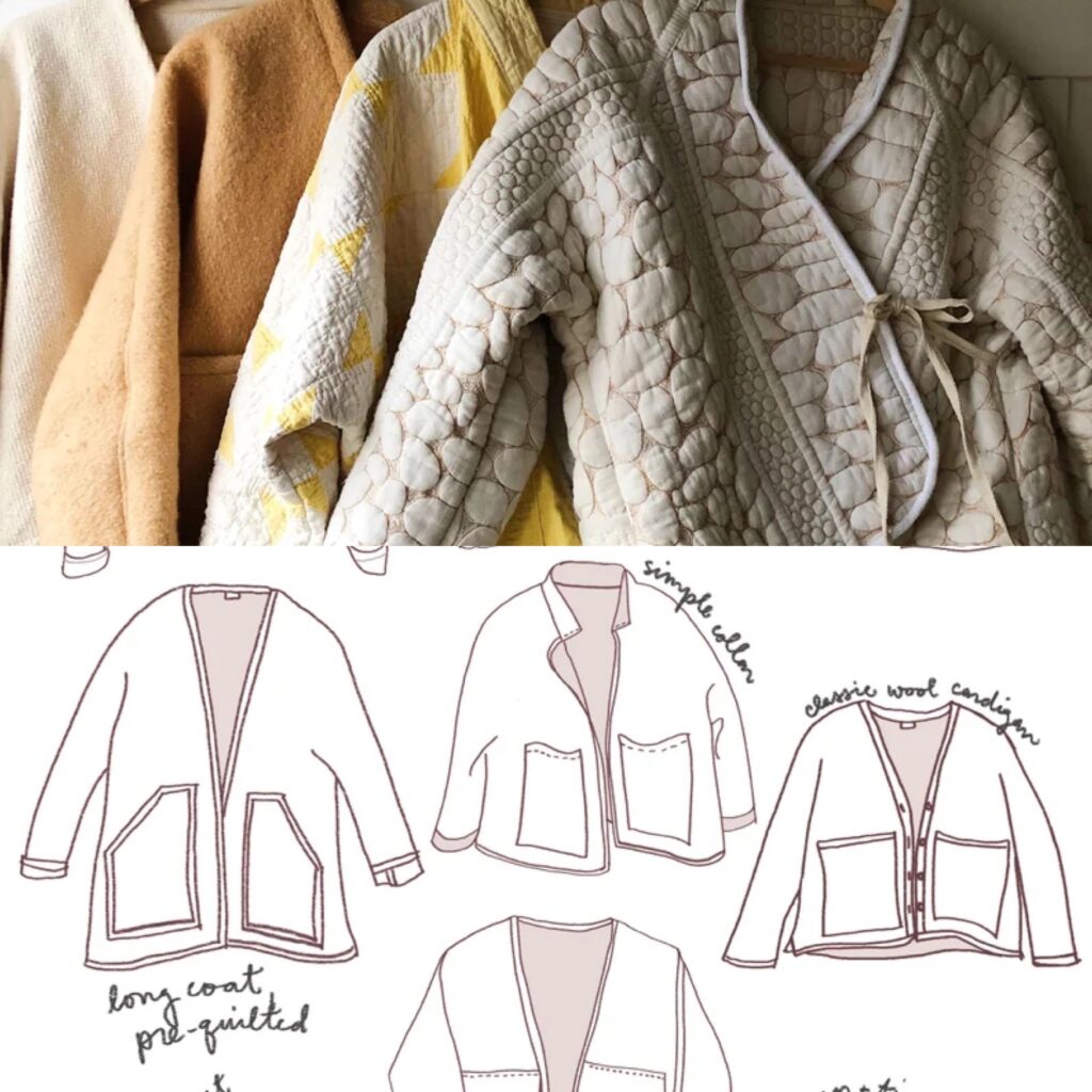 2 photos, one on top of the other. The top photo shows 4 versions of a cardigan coat that have already been sewn and are hanging against a wall. The bottom photo shows illustrations of the different versions of the coat that can be made.