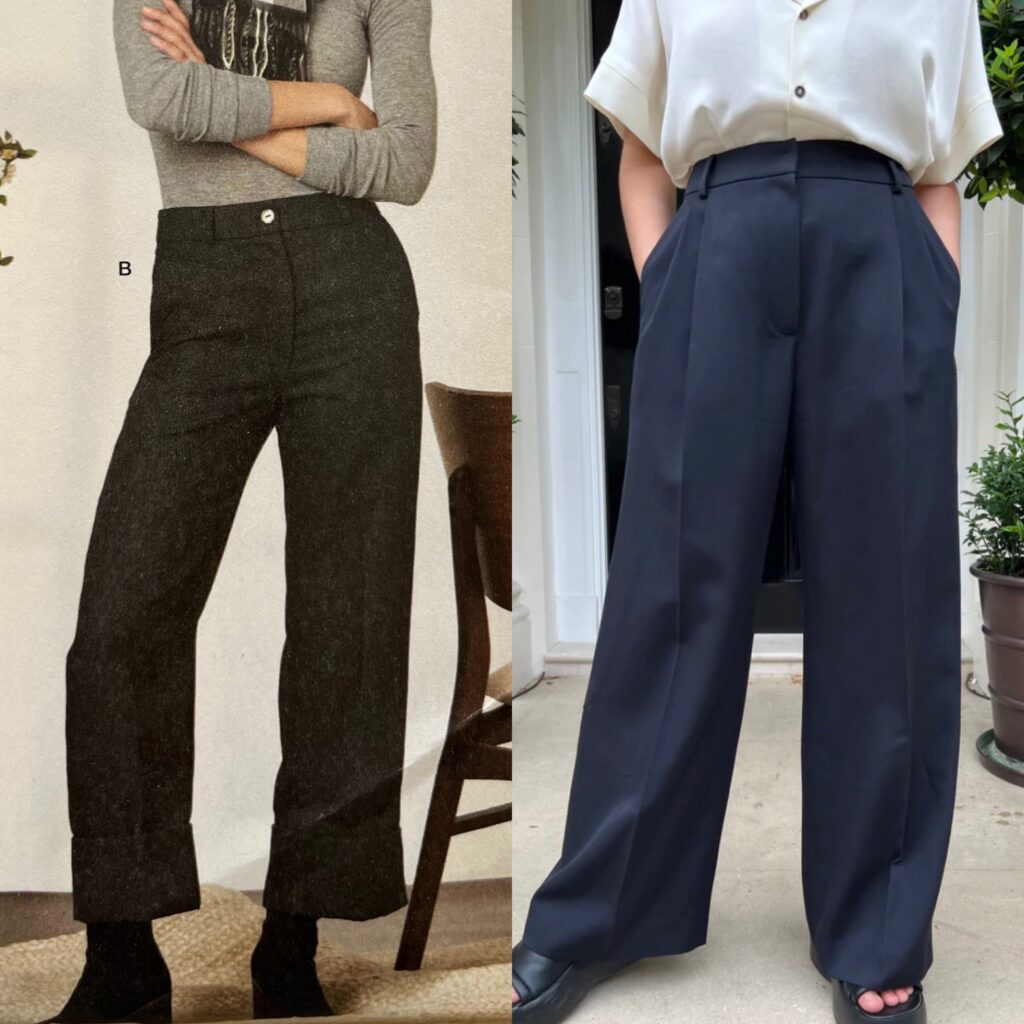 At the top of my Make Nine projects are pants. Here are 2 photos side by side of women from the waist down. The one of the left shows a pair of black straight legged crop pants with a cuff hem. The one on the right shows a pair of navy wide leg trousers with a single pleat on each side and pockets.