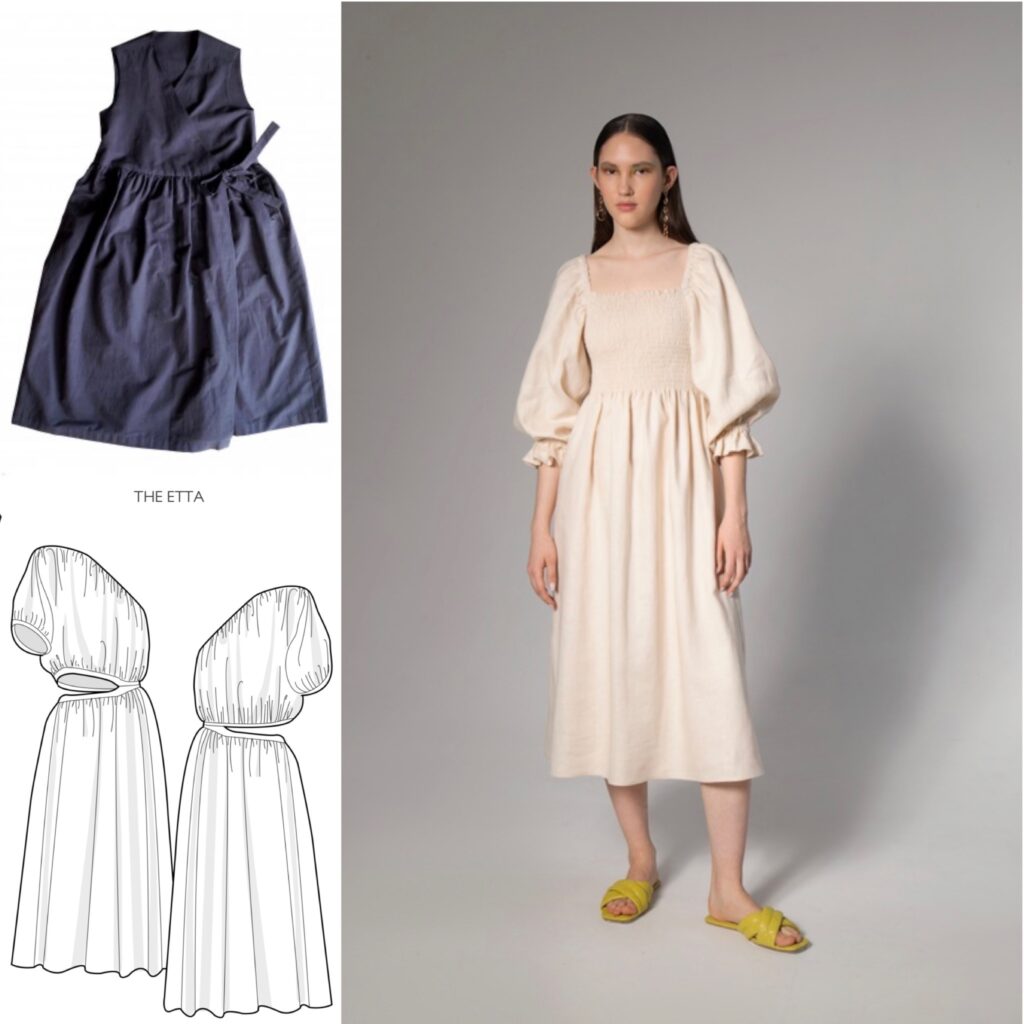 A collage of three dresses. The top left corner shows a navy sleeveless wrap dress. Moving clockwise we have a cream colored midi length dress with poufy sleeves and a shirred bodice. The third dress is an illustration of a midi length dress with one shoulder and a side cutout detail on one side of the waist.