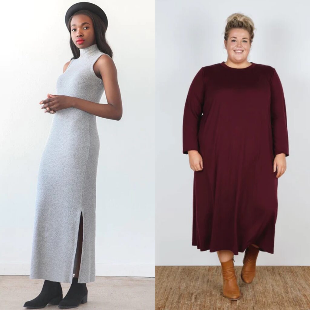 My make none challenge will include a cold weather dress and I've selected 2 to choose from...the 2 side by side photos show a maxi length grey sleeveless version with a mockneck and side slit on the left. On the right is a looser midi length dress with long sleeves and a crew neck.