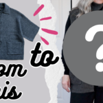 A charcoal grey cardigan is on the left side, a grey circle with a white question mark (covering a woman wearing the result of the upcylcle project is on the right. The text on the image is "from this to".